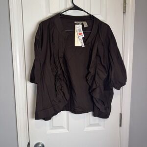 NWT Gold Flava Brown Ruffled Trim Short Sleeves Open Front Cardigan SuperPlus 32